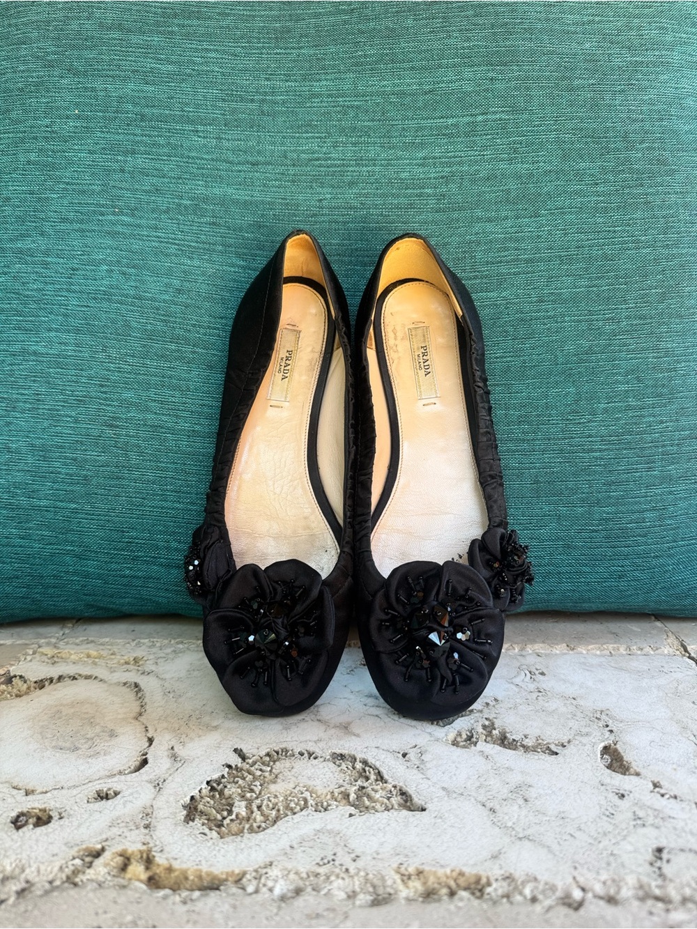 Prada Black Beaded Floral Ballet Flats